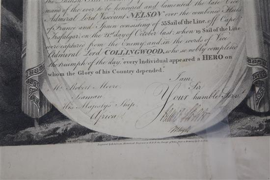 December 3rd 1805. A Lloyds Patriotic Fund Trafalgar Citation Award of £10 to Mr Robert Moore, Seaman, 22.5 x 17in.